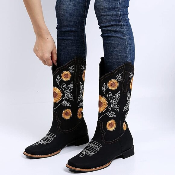 Women Western Cowgirl Square Toe Boot Sunflower embroidered  Women Black Mid-Calf Cowgirl Western Boots Embroidered Sunflower Low Heel